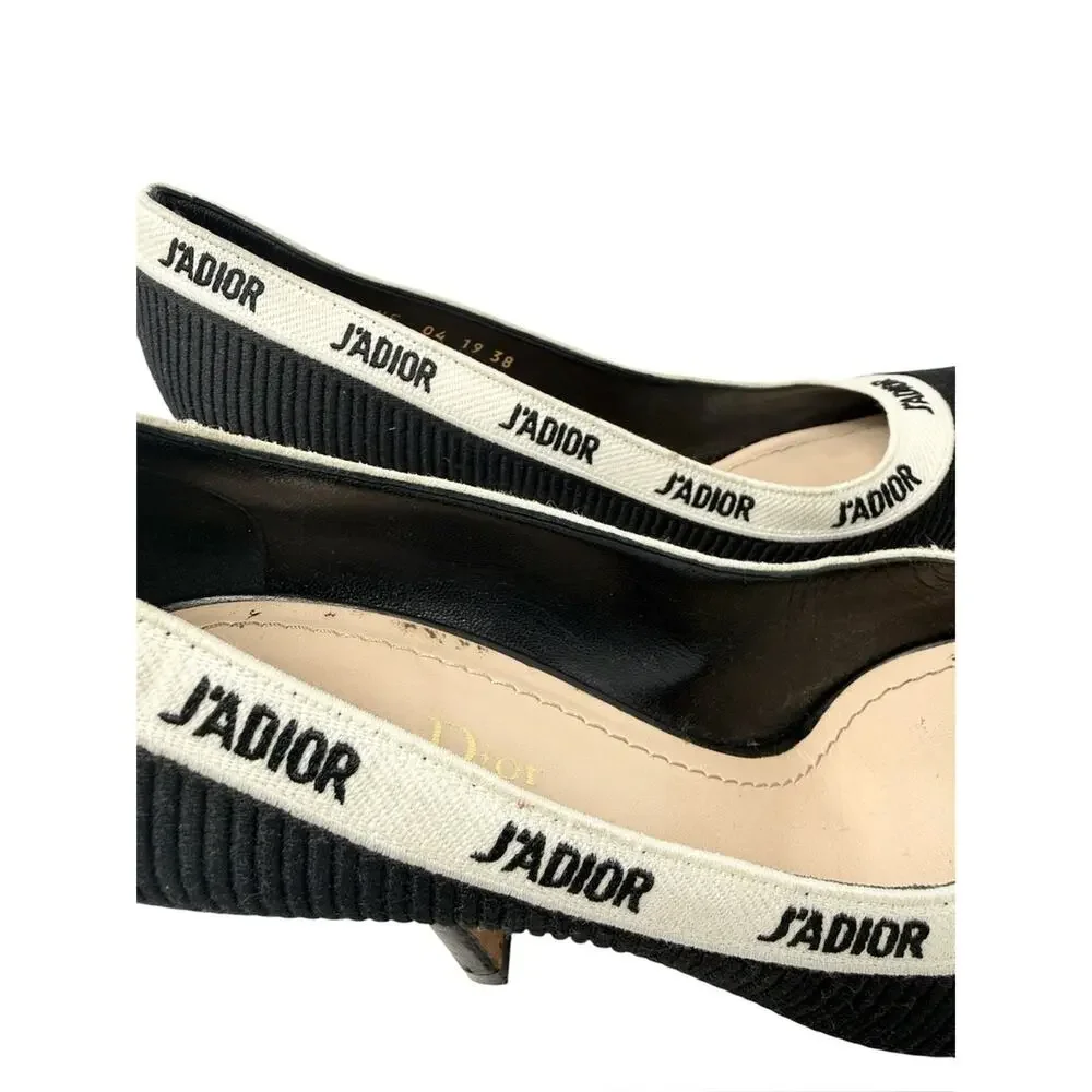 Dior J’Adior Logo Ribbon Black Canvas Slip On Pointed Toe Pumps Size 38